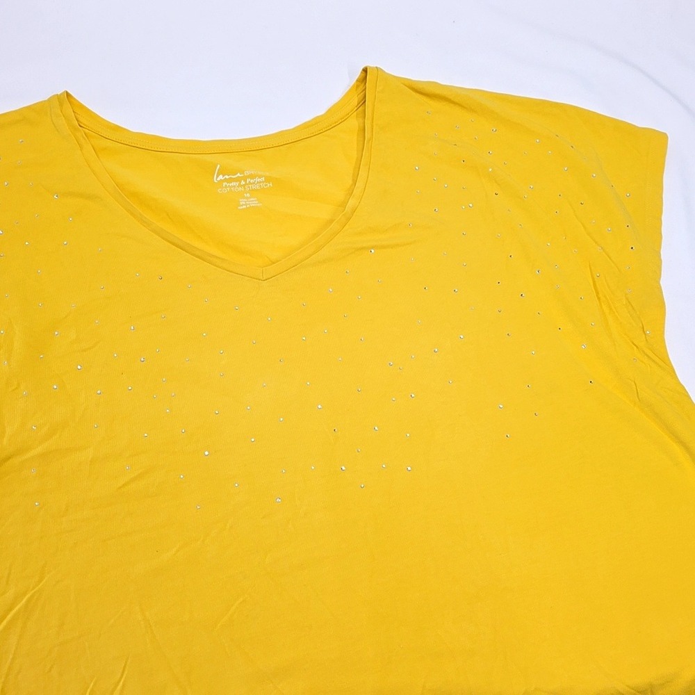 Lane Bryant Top Womens 16 Yellow Rhinestone V-Neck Cotton Stretch Banded Hem